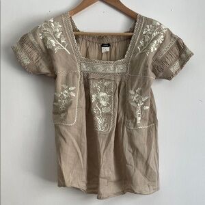 J.Crew Beige Blouse with White Embroidery